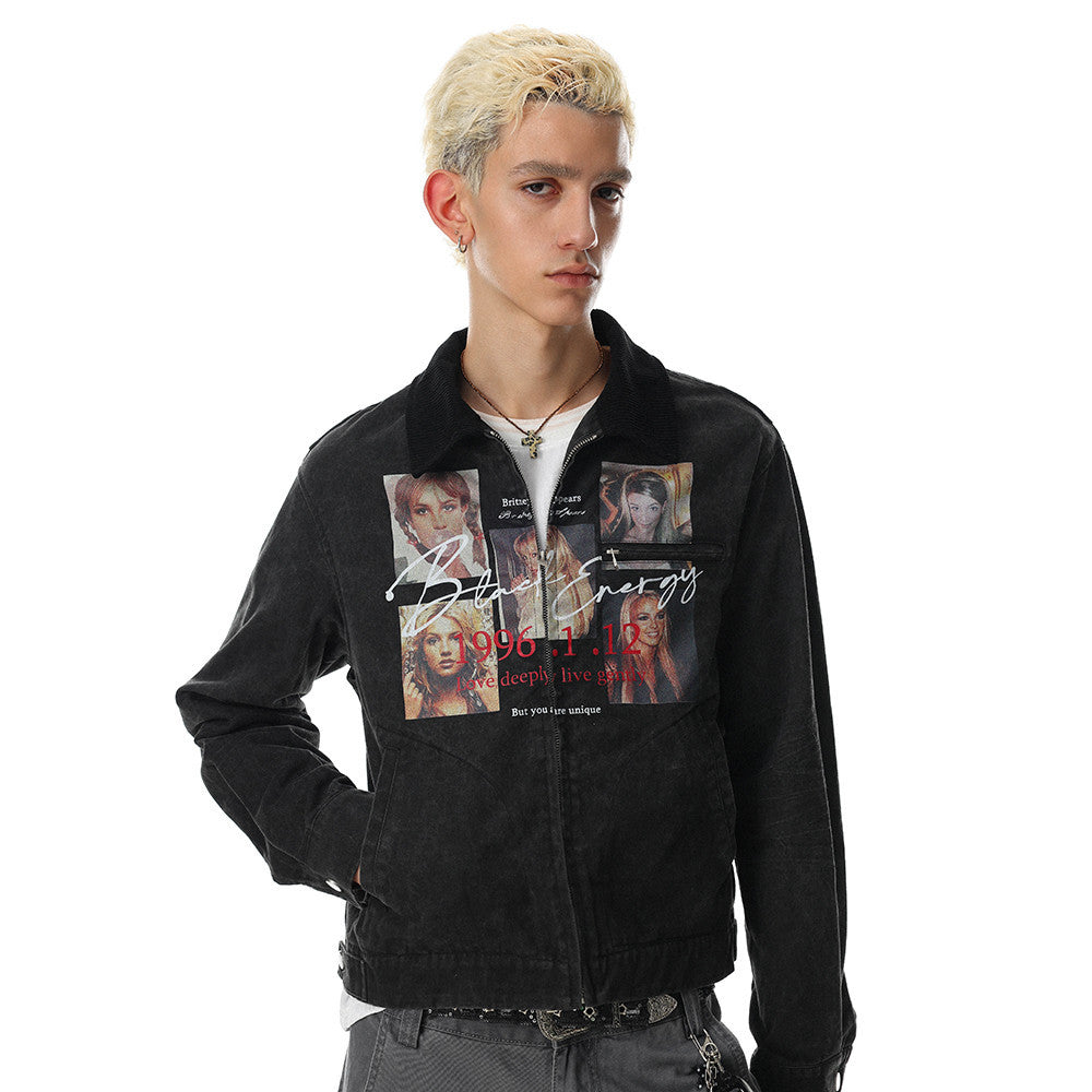 Men's acid-washed distressed short jacket with retro portrait photo collage graphic print and corduroy collar in faded black