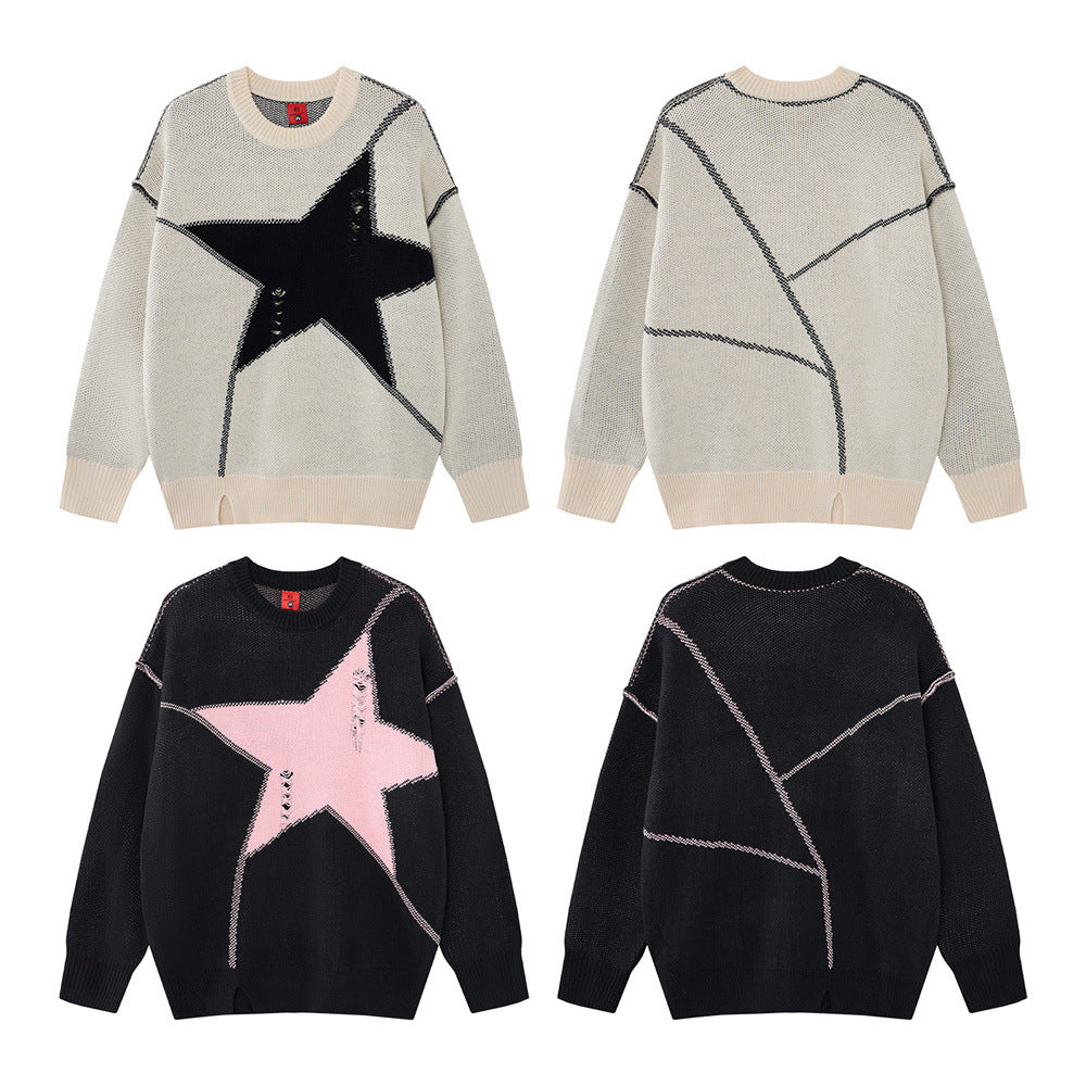 Men Crew Neck Sweater Oversized Star Knit Distressed Colorblock
