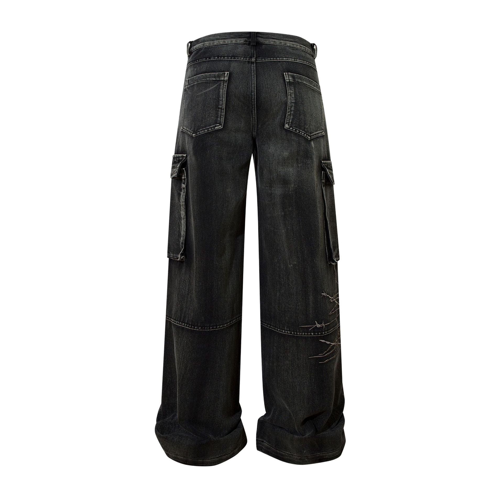 Wide-Leg Cargo Jeans with Barbed Wire Embroidery – Baggy Streetwear Denim
