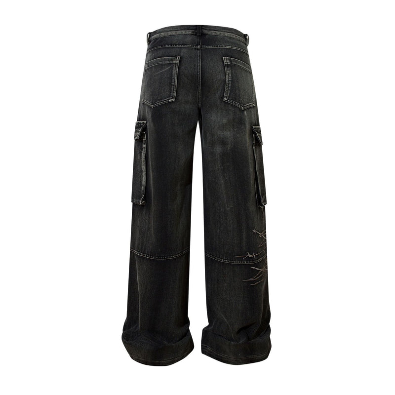 Wide-Leg Cargo Jeans with Barbed Wire Embroidery – Baggy Streetwear Denim