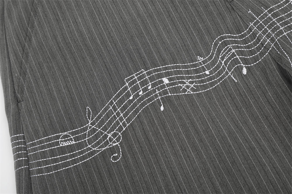 Pinstripe Wide-Leg Trousers with Music Note Embroidery