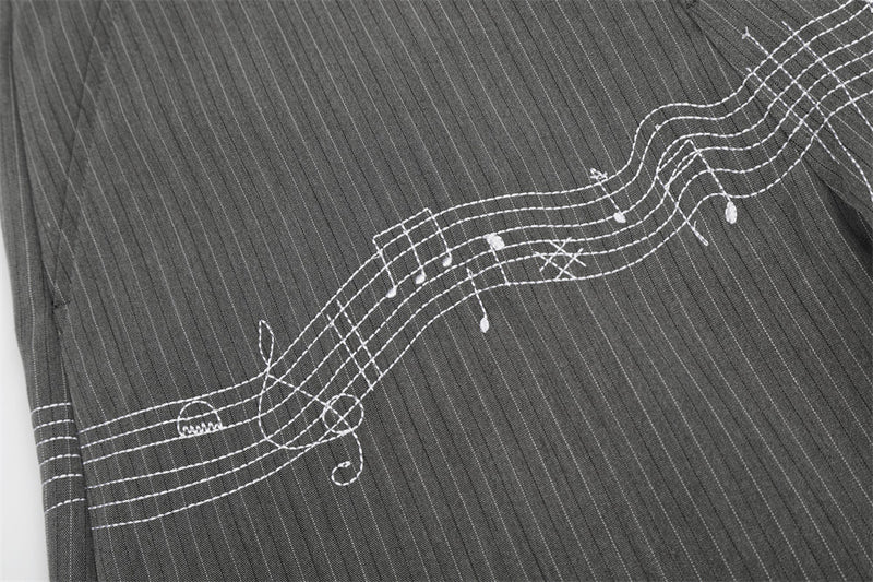 Pinstripe Wide-Leg Trousers with Music Note Embroidery