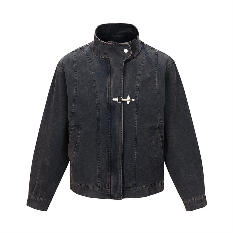 Men's Washed Denim Stand Collar Jacket with Metal Clasp