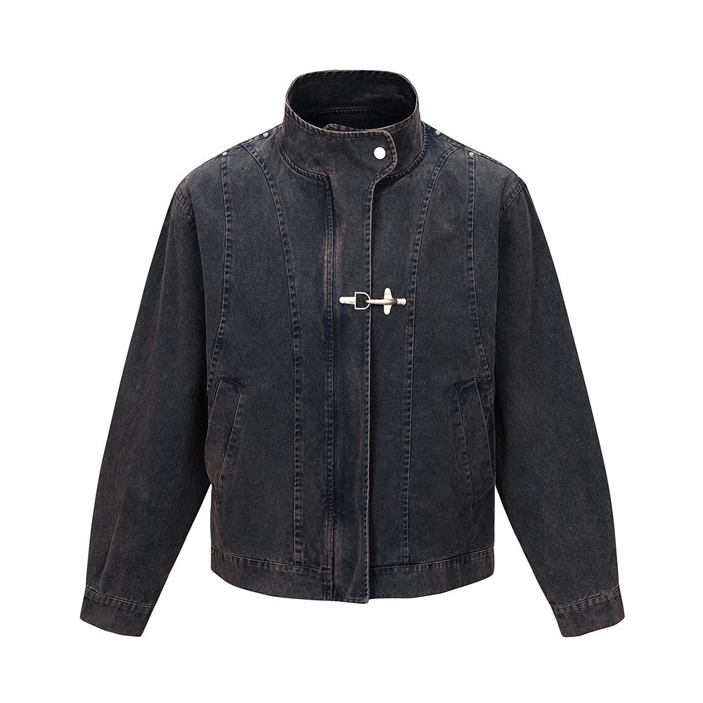 Men's washed denim stand collar jacket with silver metal bar clasp in washed black, front view