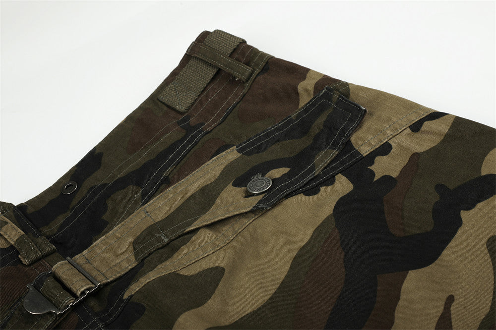 Camo Cargo Pants Wide-Leg Multi-Pocket Zip-Hem Trousers