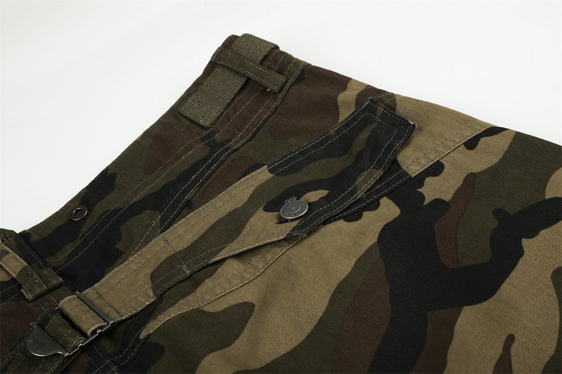 Camo Cargo Pants Wide-Leg Multi-Pocket Zip-Hem Trousers