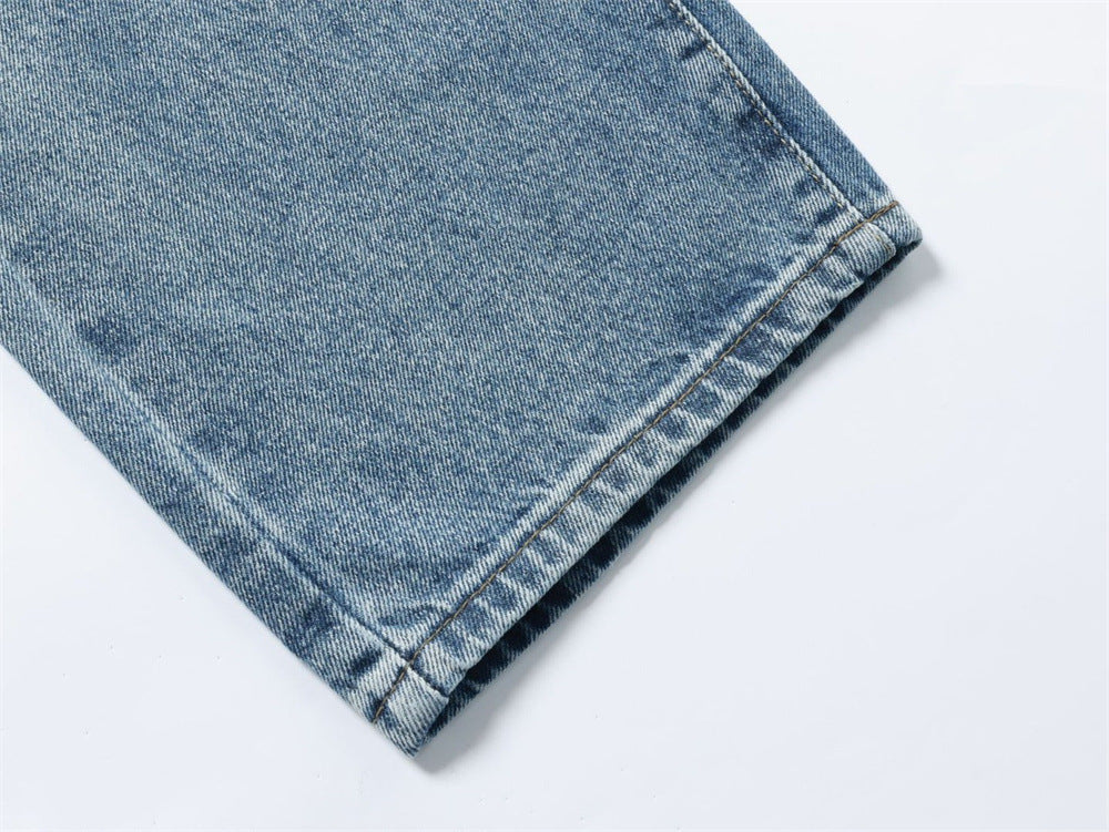 Men's Patchwork Wide-Leg Jeans – Straight Fit Streetwear Denim with Contrast