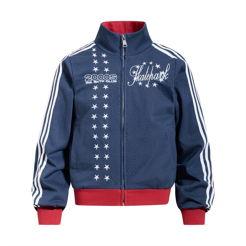 Embroidered Bomber Jacket Mens Star Print Track Jacket with Stripe Sleeves