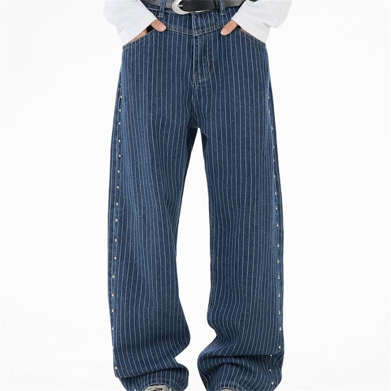 Men's Blue and White Striped Pants Wide-Leg Jeans with Rivet Side Detail
