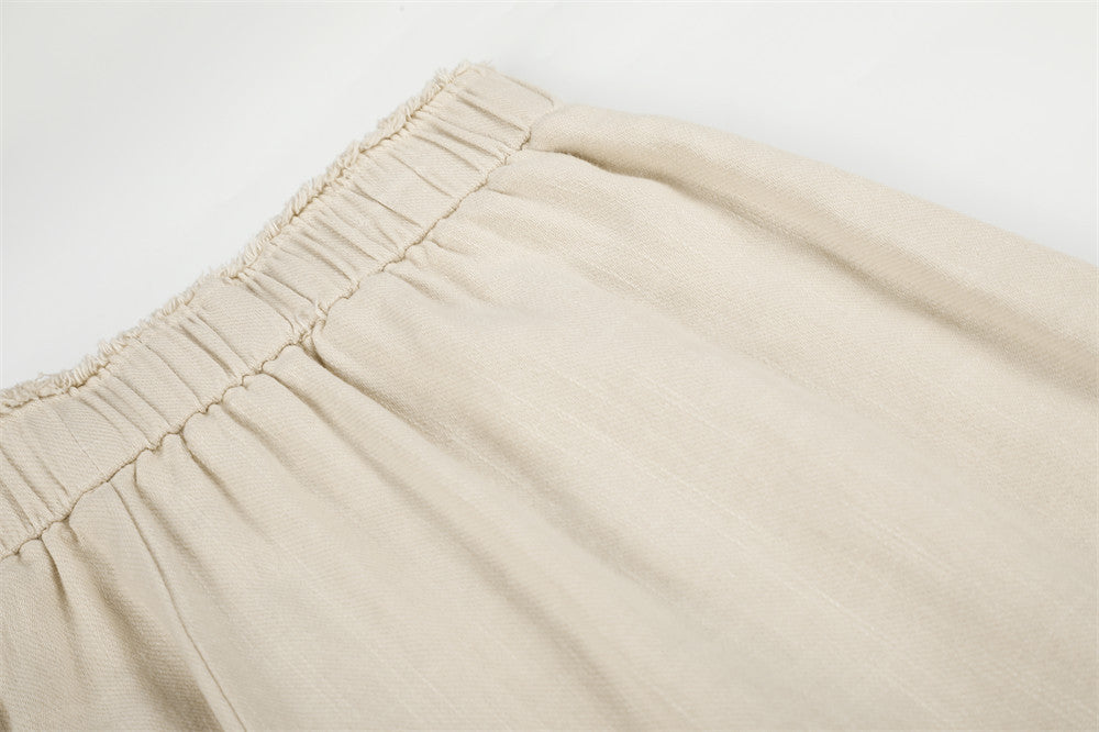 Wide-Leg Graphic Print Pants – Raw Hem Elastic Waist Straight Trousers