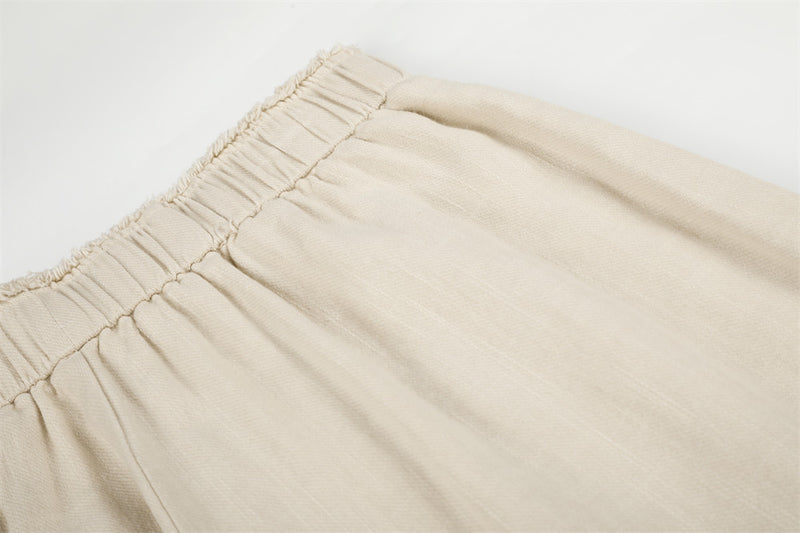 Wide-Leg Graphic Print Pants – Raw Hem Elastic Waist Straight Trousers