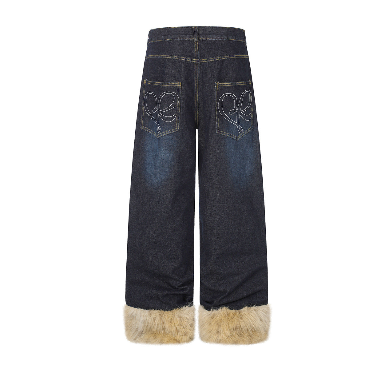 Baggy-Jeans mit weitem Bein, Pelzbesatz am Saum und goldfarbenen Nieten