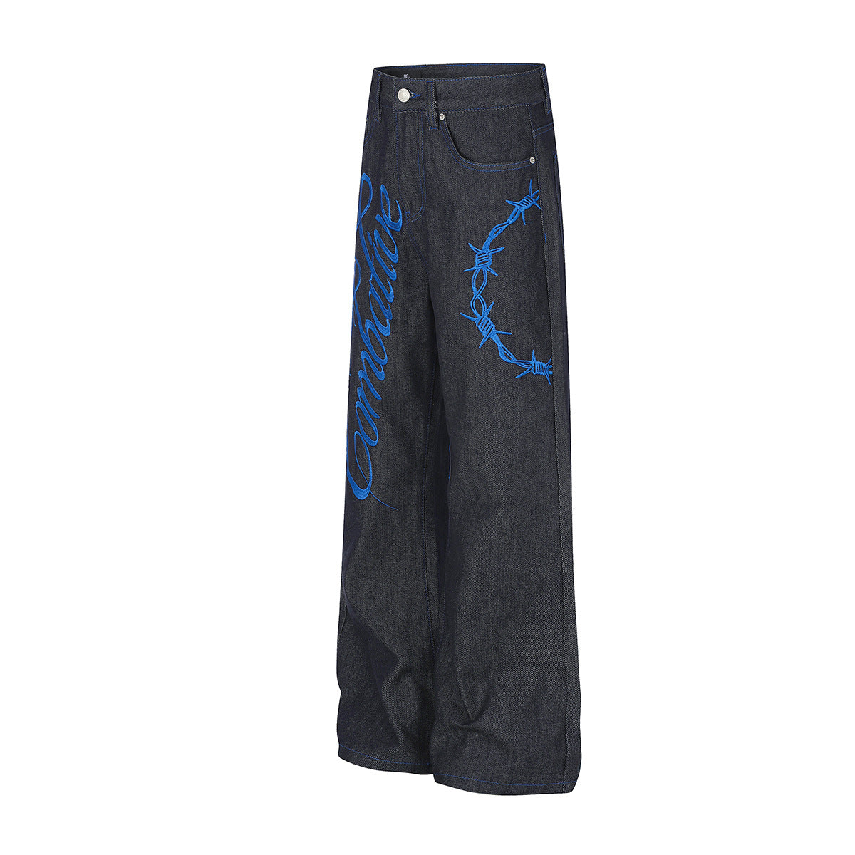 Jean baggy à jambes larges avec broderie bleue effet script et fil barbelé