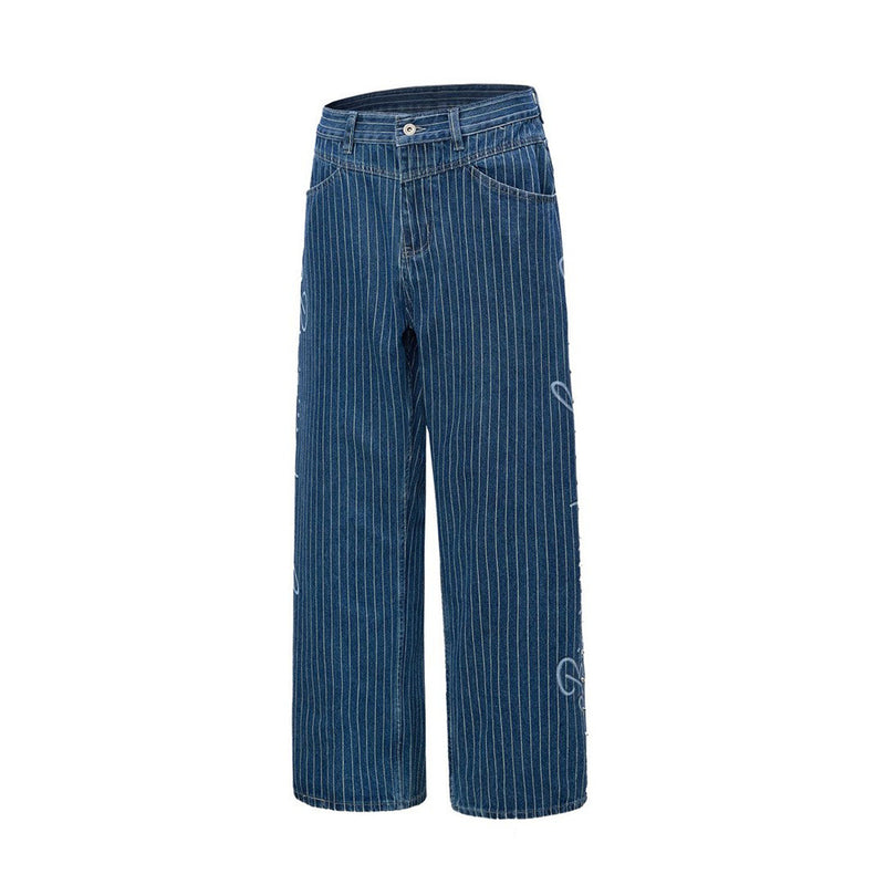 Jean droit à jambes larges à fines rayures pour homme avec broderie script