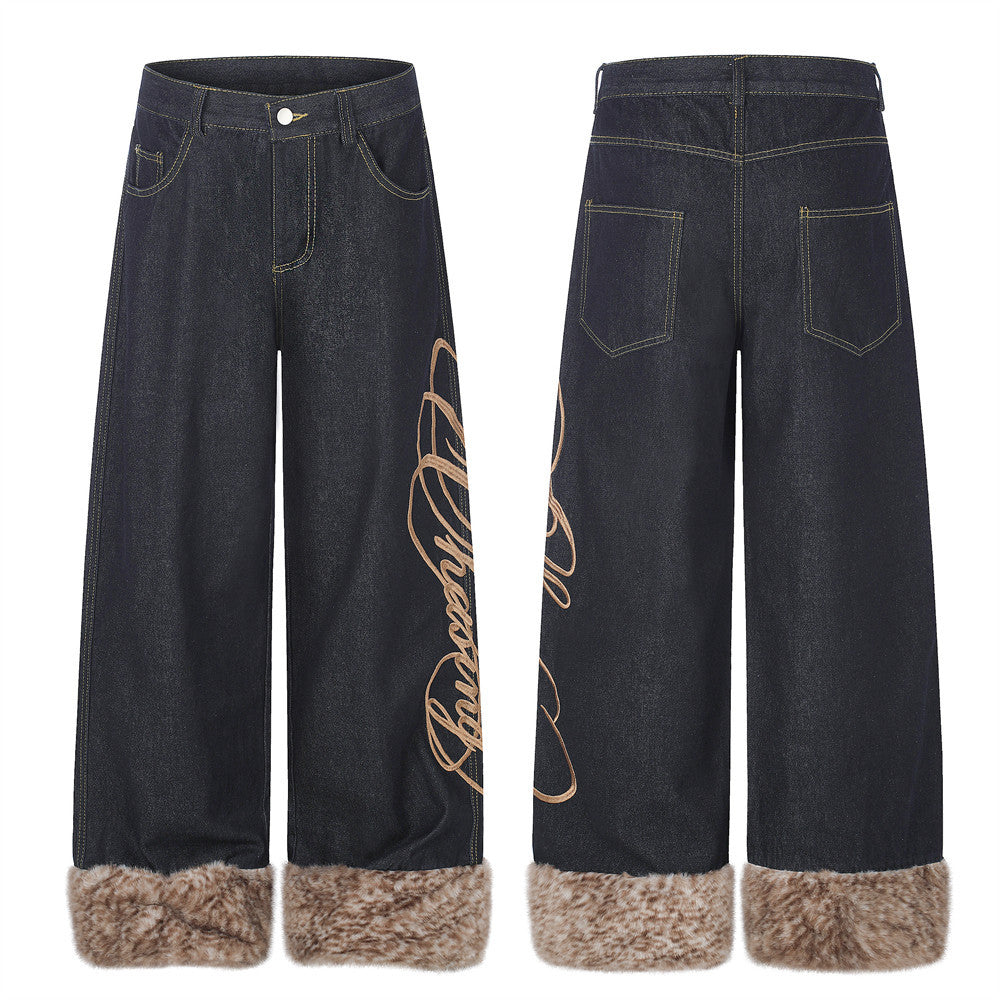 Wide-Leg Jeans Men – Dark Wash Denim with Script Embroidery & Faux Fur Cuffs