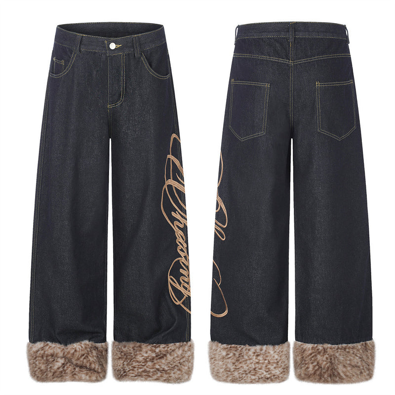 Wide-Leg Jeans Men – Dark Wash Denim with Script Embroidery & Faux Fur Cuffs