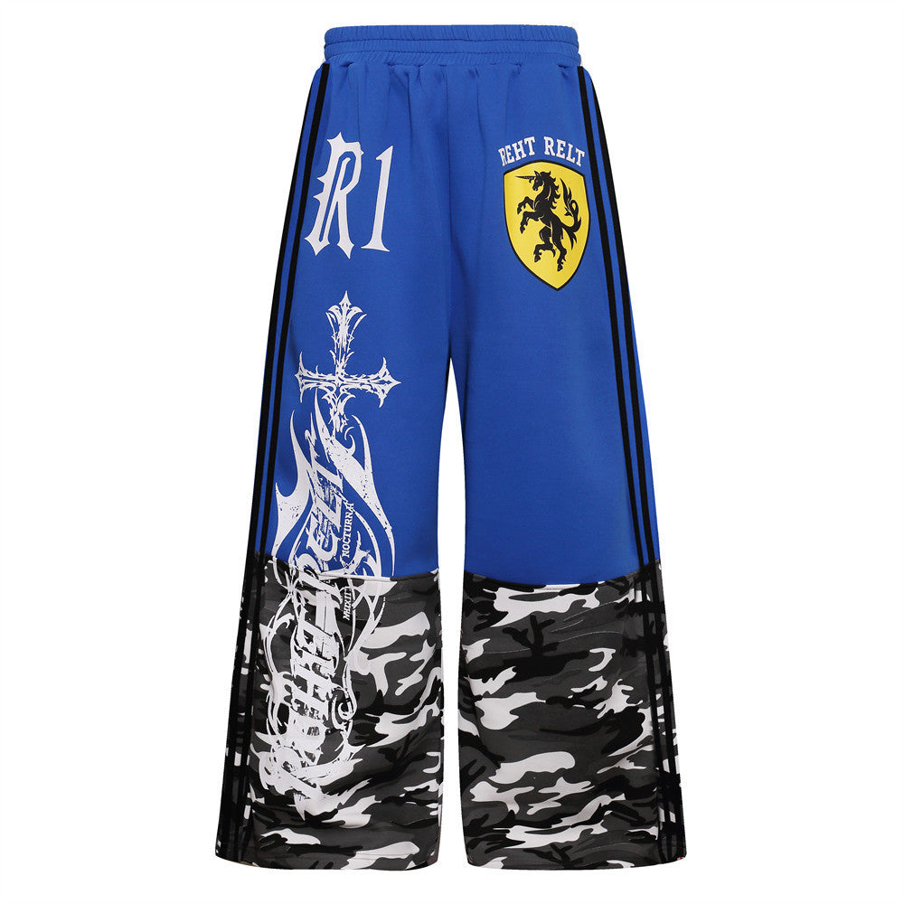 Men's Wide-Leg Track Pants with Camo Print, Cross Graphic & Side Stripes