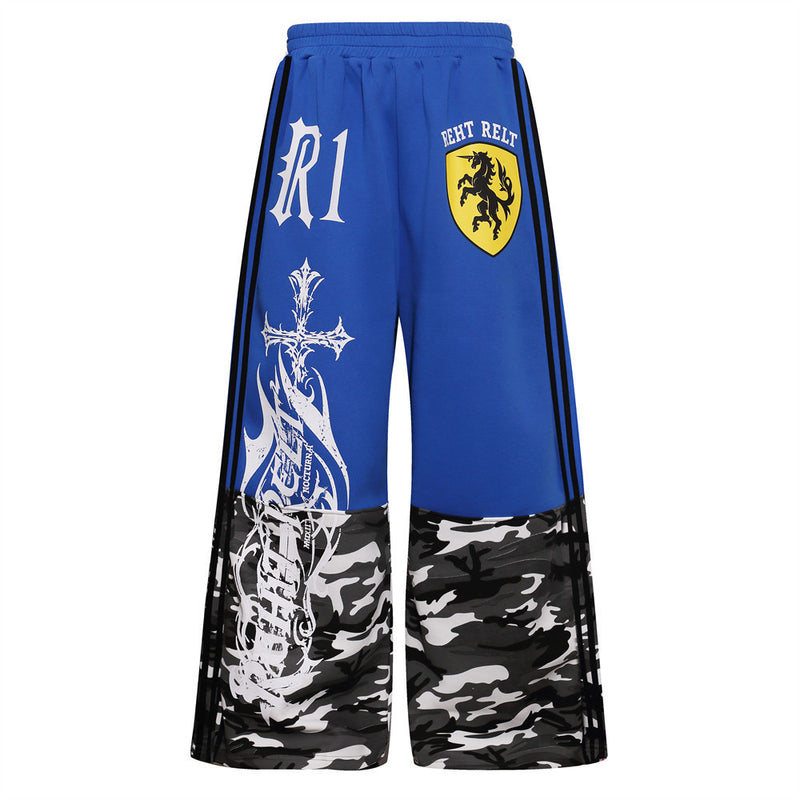 Men's Wide-Leg Track Pants with Camo Print, Cross Graphic & Side Stripes