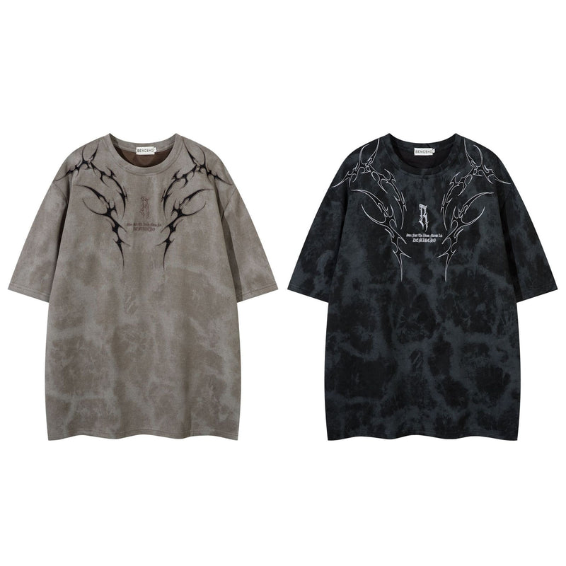 Tribal Thorn Graphic Acid Wash Oversized T-Shirt Men