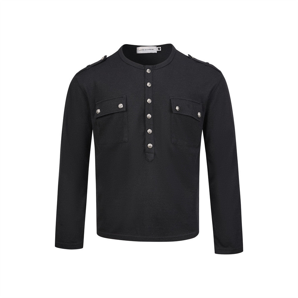 Men's Henley Long Sleeve T-Shirt with Metal Buttons & Dual Chest Pockets