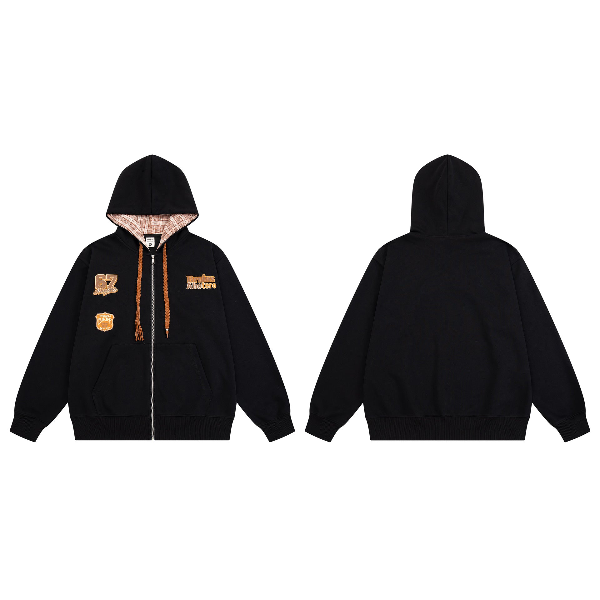 Varsity Patch Zip-Up Hoodie with Plaid-Lined Hood – Retro American Style