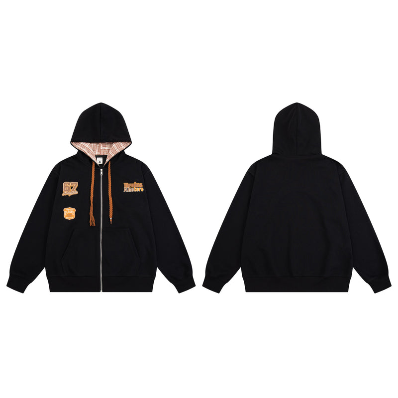 Varsity Patch Zip-Up Hoodie with Plaid-Lined Hood – Retro American Style