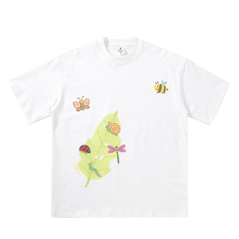 Cartoon Insect & Leaf Print Cotton T-Shirt