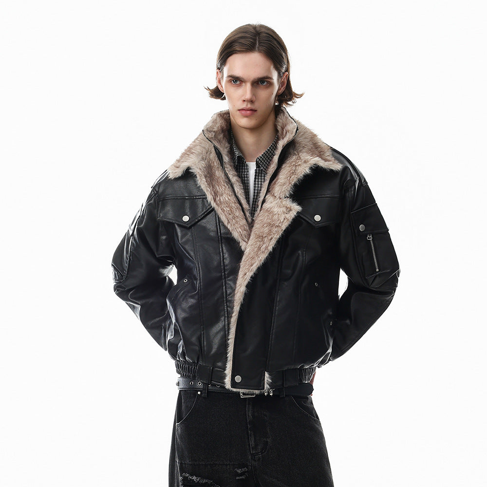 Men's Faux Leather Fur-Lined Bomber Jacket with High Collar & Asymmetric Placket