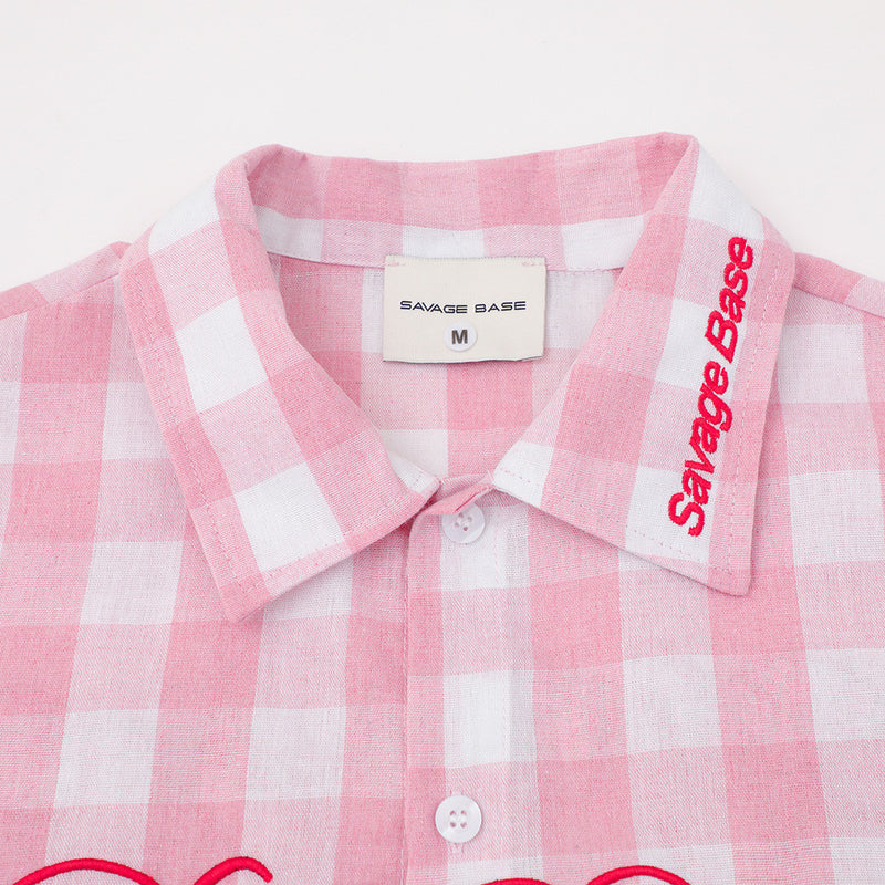 Oversized Gingham Check Short Sleeve Shirt with Embroidered Script Logo