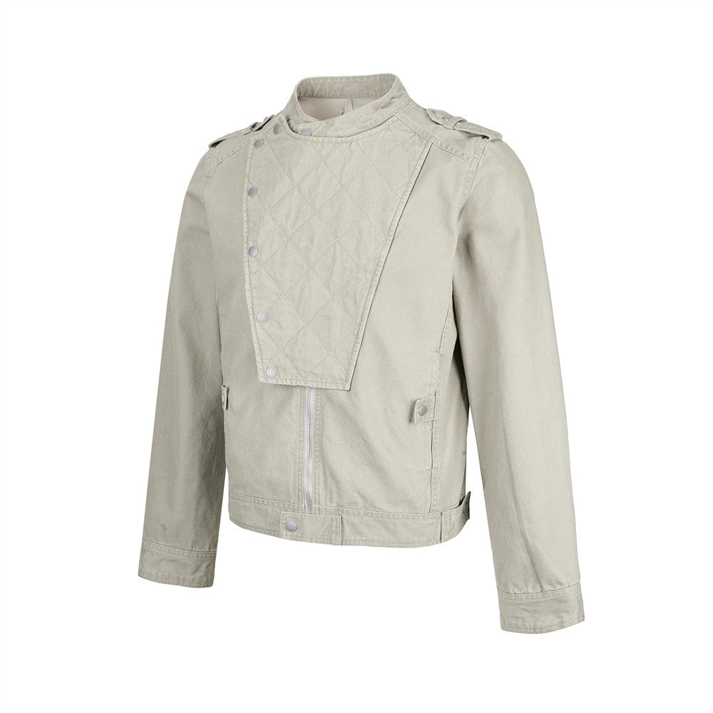 Men's Quilted Panel Moto Biker Jacket – Stand Collar, Asymmetric Snap Closure