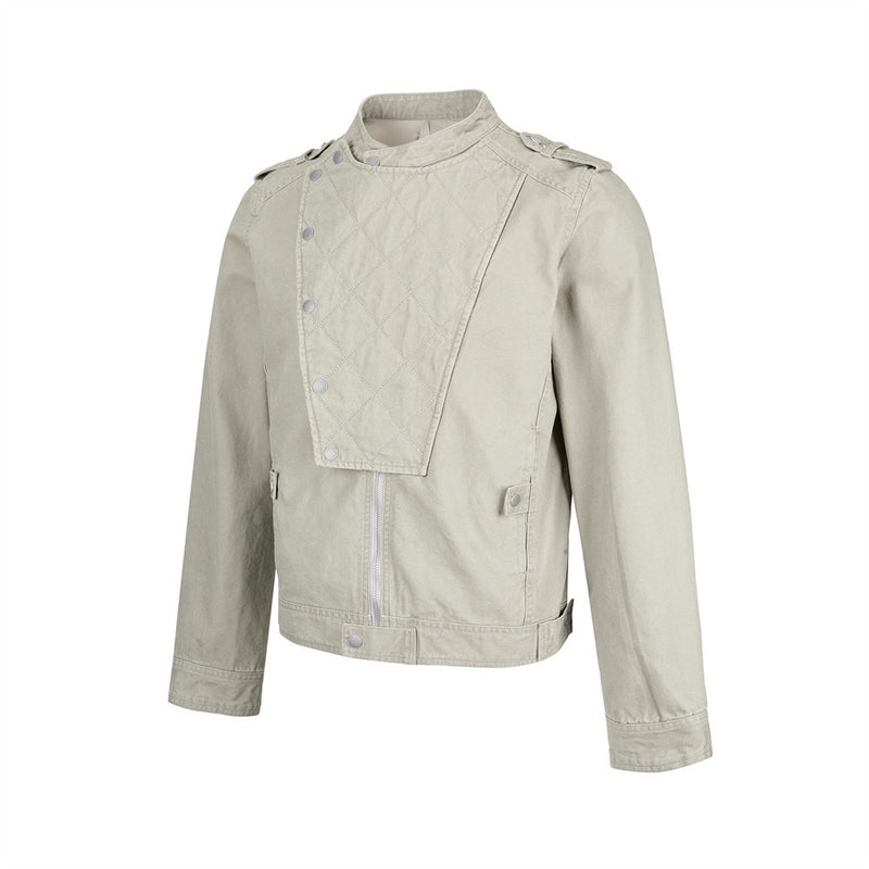 Men's Quilted Panel Moto Biker Jacket – Stand Collar, Asymmetric Snap Closure