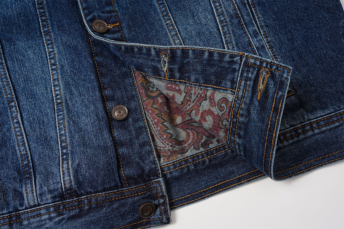 Veste en jean homme coupe boxy avec poches poitrine à motif cachemire – Délavage vintage
