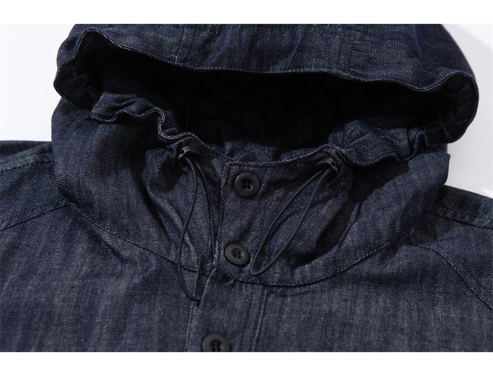 Men's Denim Pullover Anorak Hoodie – Oversized Half-Button Drawstring Hem