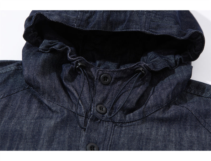 Men's Denim Pullover Anorak Hoodie – Oversized Half-Button Drawstring Hem
