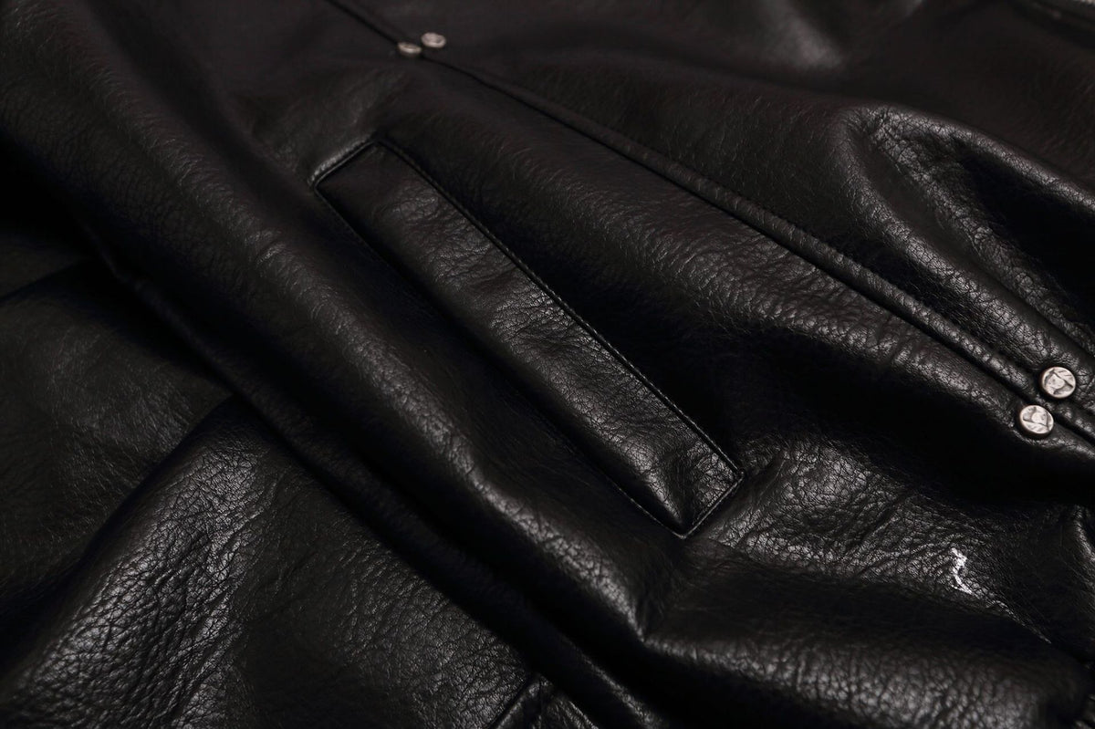 Black PU Leather Moto Jacket – Zip-Up Bomber with Stand Collar & Silver Hardware