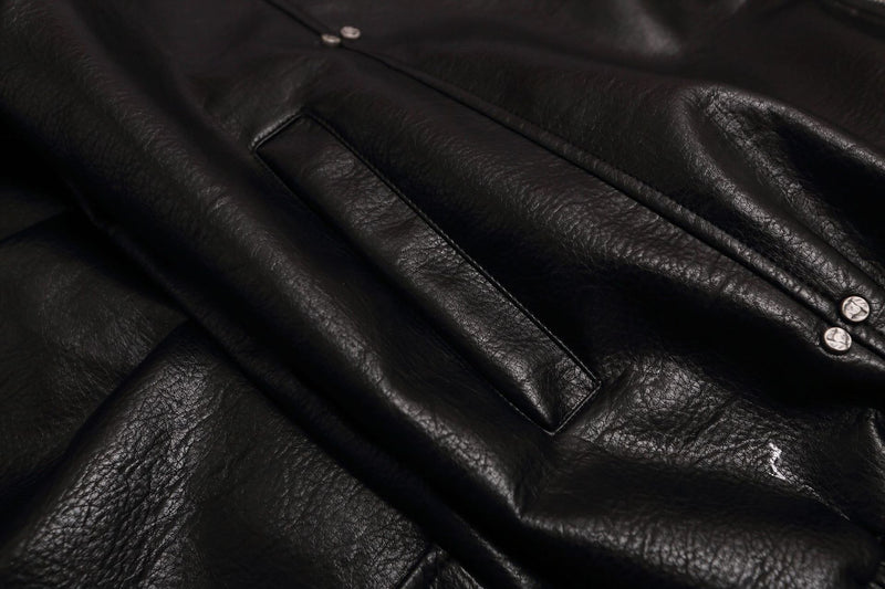 Black PU Leather Moto Jacket – Zip-Up Bomber with Stand Collar & Silver Hardware