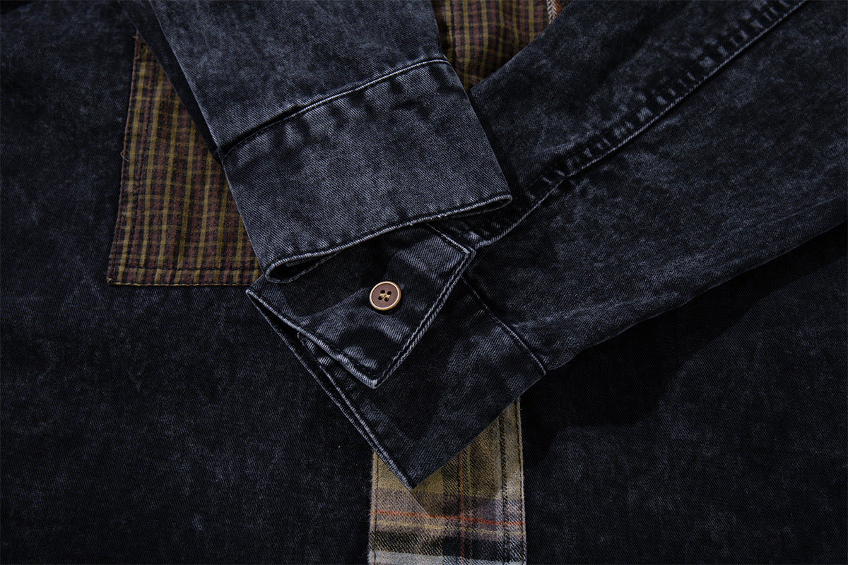 Patchwork Plaid Washed Denim Shirt – Oversized Vintage Nomad Style