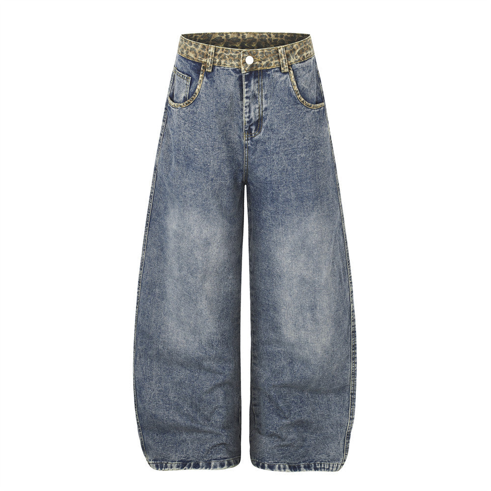 Vaqueros de Pierna Ancha para Hombre – Cintura de Leopardo, Corte Barrel Holgado y Denim Lavado