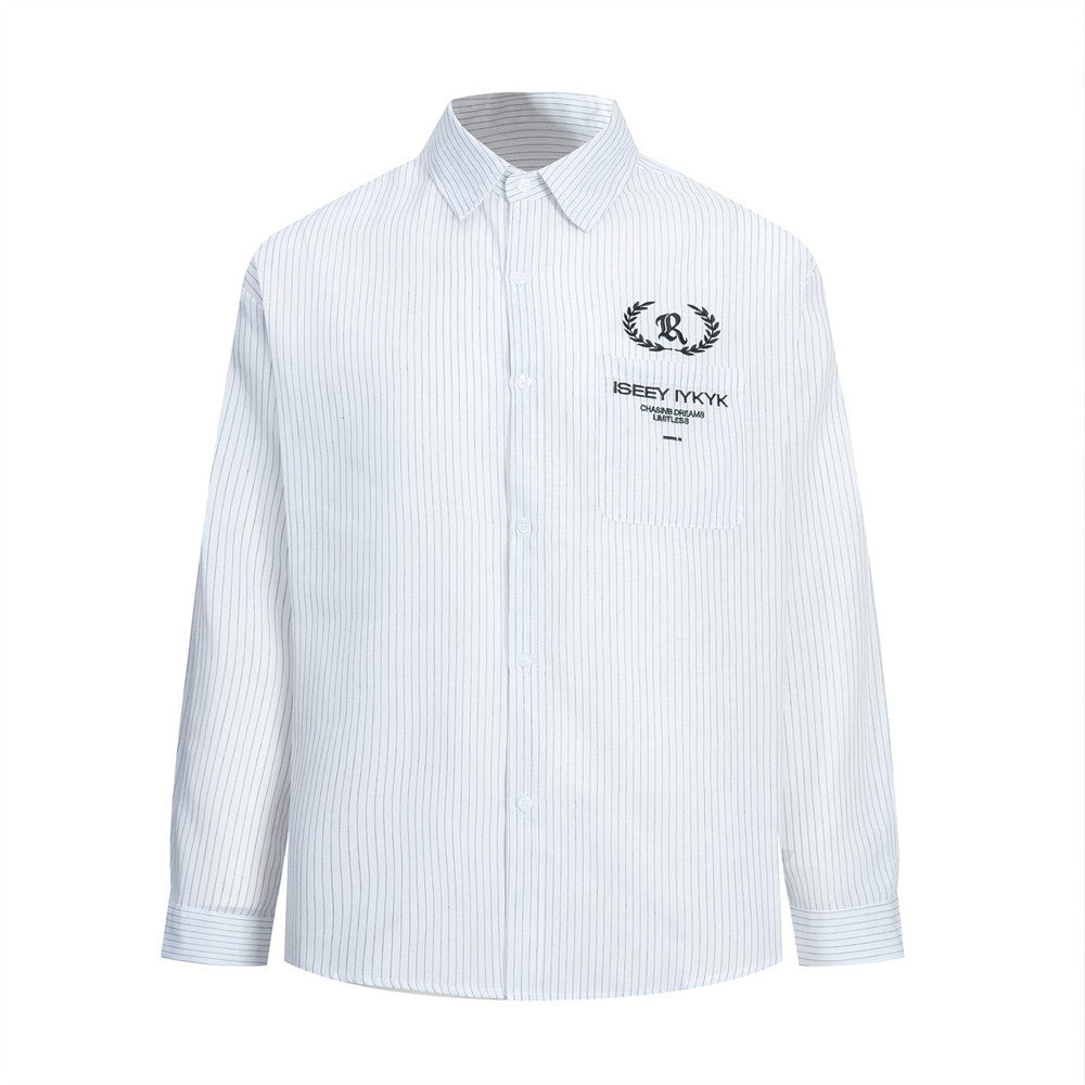 Men's long sleeve pinstripe shirt with embroidered laurel crest chest pocket in white and navy blue