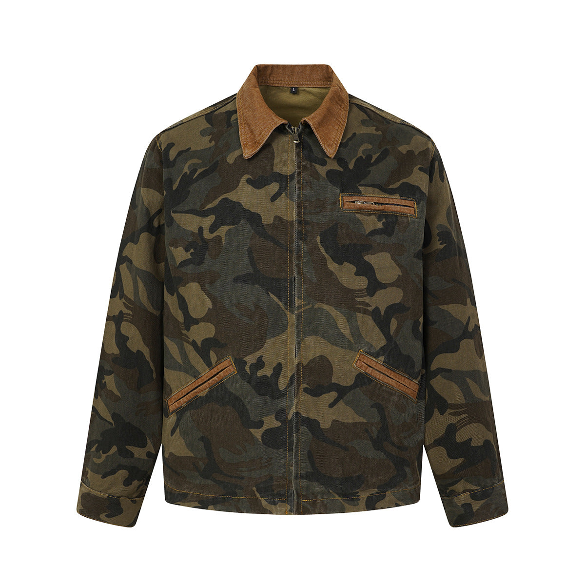 Veste de travail zippée en toile camouflage woodland à coupe boxy, col en velours côtelé beige et bordures de poches contrastantes, vues de face et de dos
