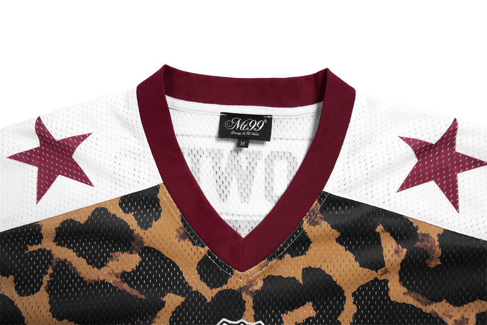 Men's Leopard Print Football Jersey V-Neck Short Sleeve Shirt – Number 99