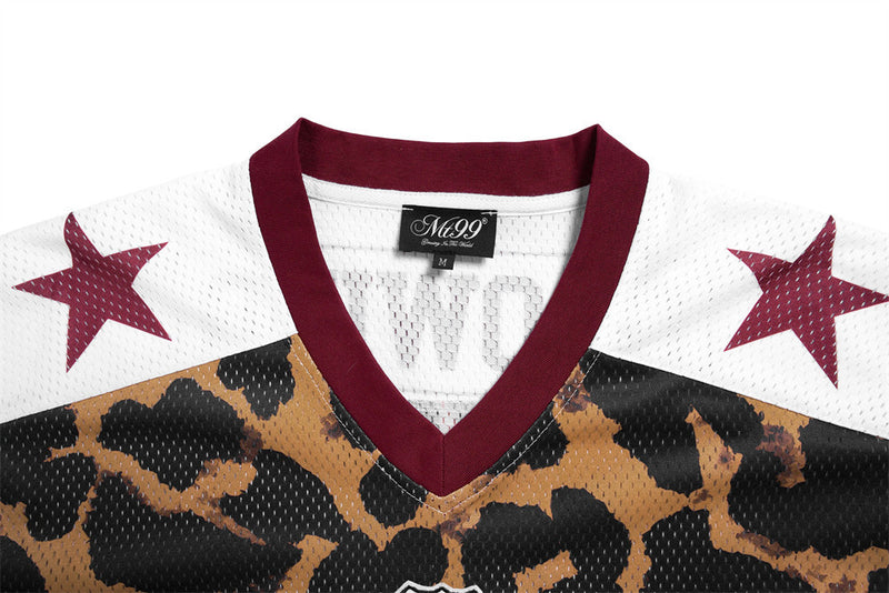 Men's Leopard Print Football Jersey V-Neck Short Sleeve Shirt – Number 99