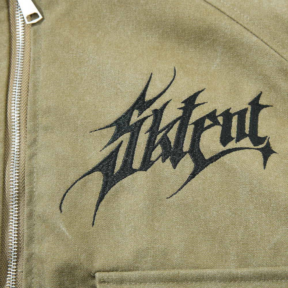 Gothic Letter Embroidered Cargo Bomber Jacket – Stand Collar, Multi-Pocket