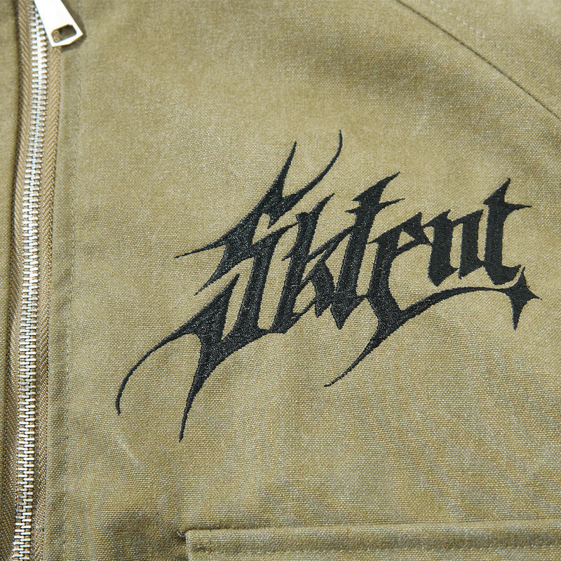 Gothic Letter Embroidered Cargo Bomber Jacket – Stand Collar, Multi-Pocket
