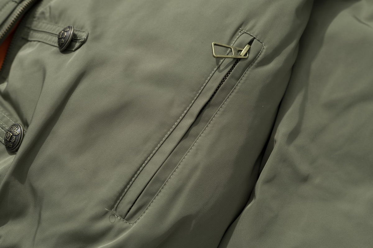 Military Bomber Jacket with Leopard Faux Fur Collar & Double-Breasted Button