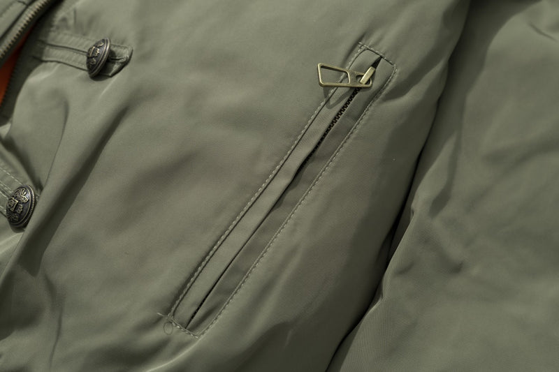 Military Bomber Jacket with Leopard Faux Fur Collar & Double-Breasted Button