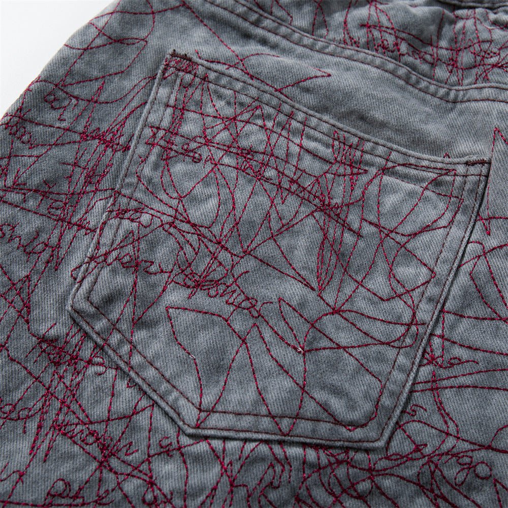 Wide-Leg Denim Shorts with All-Over Graffiti Embroidery – Punk Washed Grey