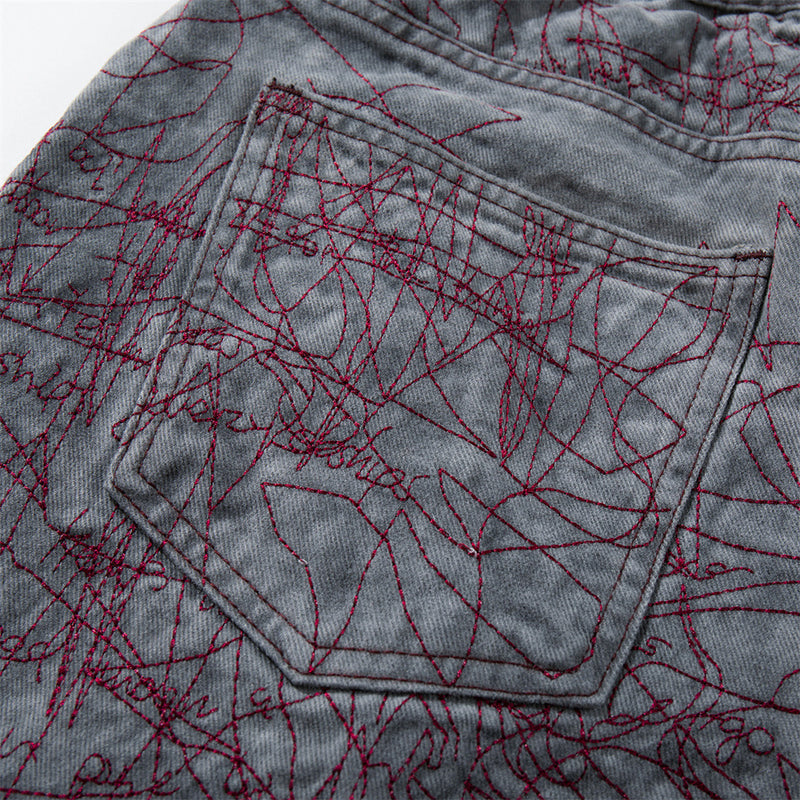Wide-Leg Denim Shorts with All-Over Graffiti Embroidery – Punk Washed Grey