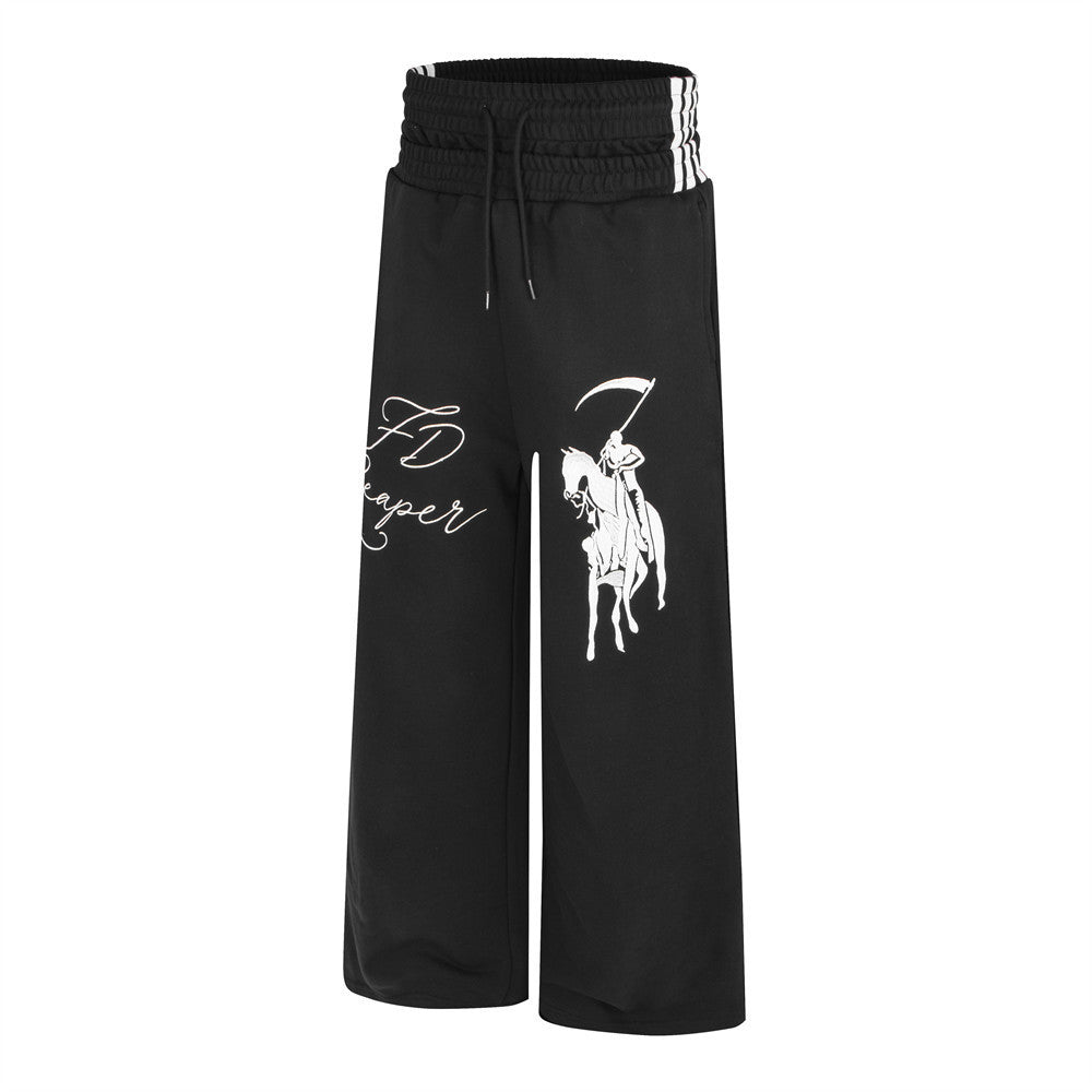 Wide-Leg Sweatpants with Grim Reaper Graphic & Double Waistband