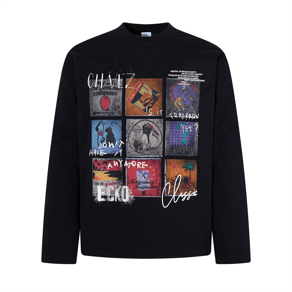 T-shirt homme noir à manches longues et col rond, avec imprimé collage vintage en neuf panneaux sur la poitrine
